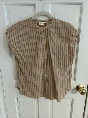 Hartford Tan Striped Band-Collar Button-Down Shirt